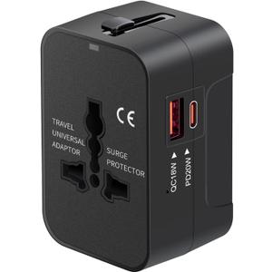 Travel Adapter USB C, Universal All in One Worldwide Travel Adapter Fast Charge GaN PD3.0 Type C USB-A Quick Charging Ports Power Converters Wall Charger AC Power Plug Adapter for USA EU UK AUS Black