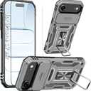Shockproof Phone Case Compatible with iPhone 17 Air Case with Kickstand & HD Screen Protector & with Camera Cover Dual-Layer Military-Grade Drop Protection Phone Case (Gray)