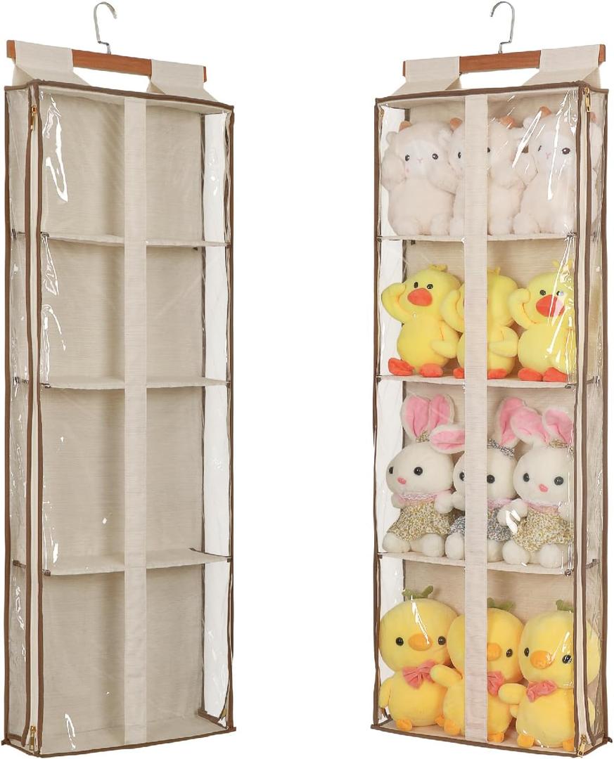 Clear Hanging Handbag Storage Organizer with Zippers, Easy Access Purse,Toy,Yarn,Hat Storage Over The Door Purse Organizer Space Saving 4 Pockets for Closet Bedroom Living Room (Beige)