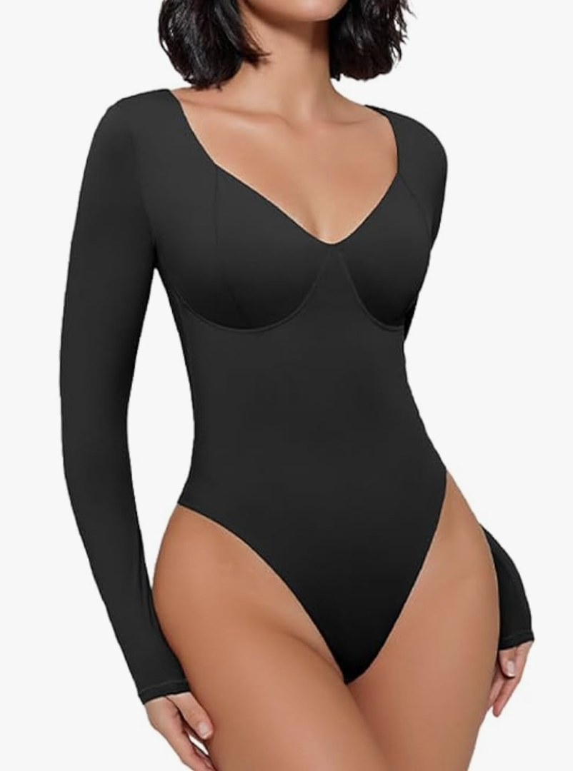 Avidlove Bodysuit for Women Long Sleeve Double Lined Tank Top V Neck Bodysuit Tummy Control Shapewear, Size S
