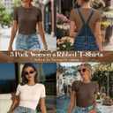 Ficerd 3 Pack Women's Ribbed T-Shirts, Cotton Short Sleeve Basic Tees Crewneck Fitted Tops Casual Shirts 2026 Summer Trendy (Beige, XL)
