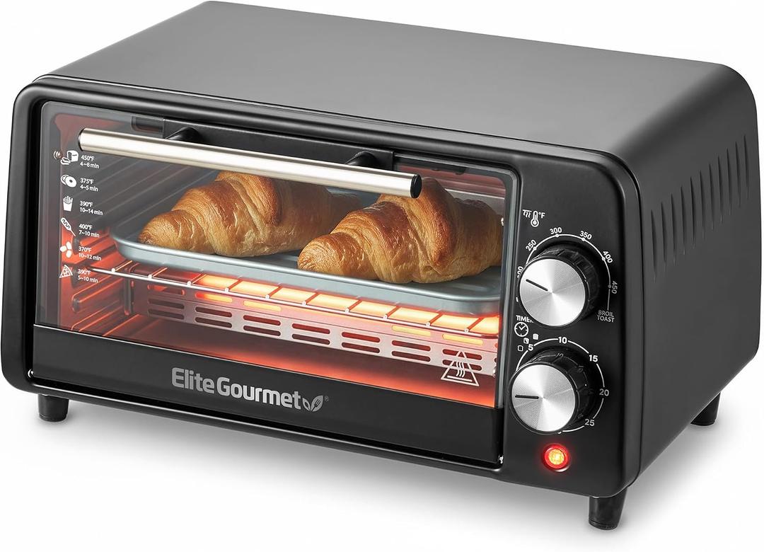 Elite Gourmet ETO449X Countertop Toaster Oven, 9.5Qt / 4-Slice Capacity, Fits 8'' Pizza, 800W Quartz Heating, 200–450°F Adjustable Temperature, 30-Min Timer, Compact Mini Oven, Black, 9L / 4-Slice
