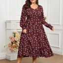 SCOMCHIC Women's Plus Size Maxi Dress Long Sleeve Square Neck Dress Casual Smocked Ruffle Swing Flowy Long Fall Dresses (Brown, XXL)