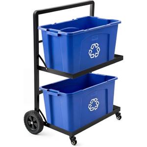2 Tier Black Recycling Bin Cart with Wheel Metal Recycling Cart for 18 Gal Bins Metal Carts 15.7x29x41in with 8" Rubber Wheel Heavy Duty Portable Truck Without Bin for Garbage Warehouse