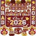 Graduation Decorations Class of 2026 Maroon and Gold Graduation Decorations with Congrats Grad Banner,Backdrop,Porch Sign,Balloons,Hanging Swirls,Honeycomb Centerpieces,Box for Graduation Party Decor