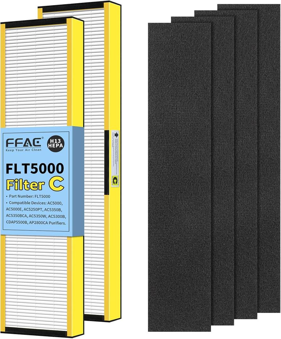 FLT5000 Filter-C True HEPA Replacement Filter for Guardian AC5000E AC5000 Air Purifier Compatible with AC5250PT, AC5350B, AC5350W, AC5350BCA, AC5300B Air Cleaner, 2 Pack HEPA + 4 Pre-Filters