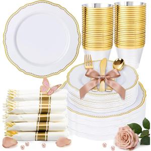 Hioasis 175pcs White and Gold Plastic Plates - Gold Plastic Dinnerware Set Includes 25 Dinner Plates, 25 Dessert Dinnerware, 25 Cups, 25 Rolled Napkin Cutlery Perfect for Wedding & Party
