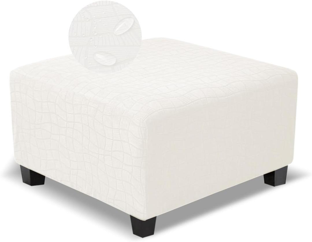Square Ottoman Cover,Soft Stretch Jacquard Slipcover with Dual Waterproof Layers,Washable Furniture Protector for Pets,Large,Beige (L Length&Width:35-44",Height:14-20")