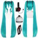 4Pcs 47inch Long Green Cosplay Wig Headphone and Hair Accessories Teal Straight Synthetic Anime Wigs with Double Ponytail for Women Costume Green Wigs for Halloween Costume Outfit + Hair Cap