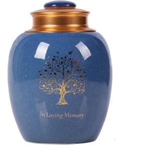 Medium Urn for Human Ashes - Tree o Life Handicrafted Cremation Urn - Small Urn Made of Ceramic - Hold 65 Cubic inches Human or Pet Ashes (Blue)