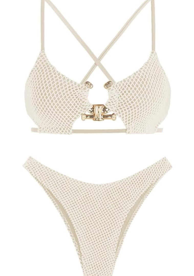 ZAFUL Women's Sexy Cutout Bikini Set High Cut Textured Metal Ring Cheeky Swimsuit Two Piece Bathing Suit, XL