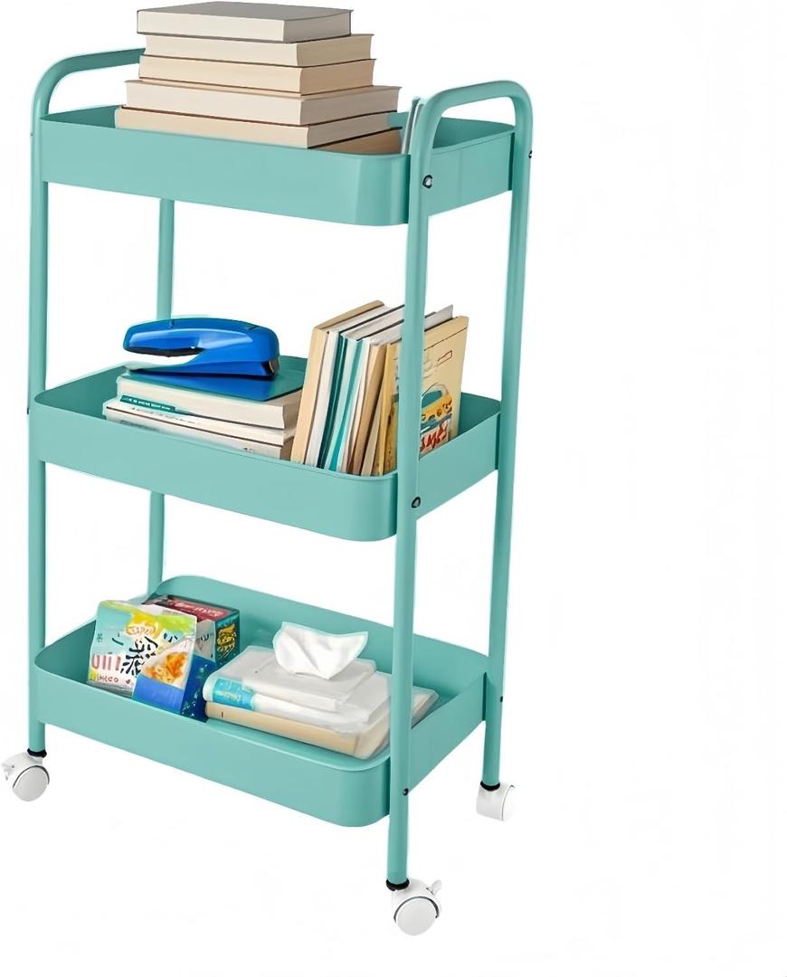 3 Tier Organizer Cart on Wheels, Metal Rolling Storage Cart with Wheels, Mobile Shelving Multifunction Storage Trolley with 4 Hooks fo Laundry Room Bathroom Kitchen Office, Green
