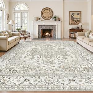 Living Room 10x14 Area Rugs, Washable Area Rug Stain Resistant Carpet Vintage Soft Rugs for Bedroom with Non Slip Backing Indoor Home Decor (10'x 14',Beige)