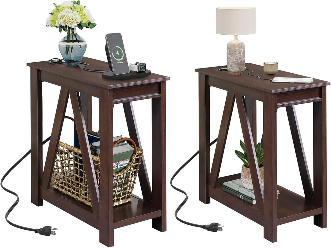 WLIVE End Tables Living Room Set of 2 with Charging Station, Sofa Side Tables with Open Storage Shelf, Slim Farmhouse End Table Sets, Espresso