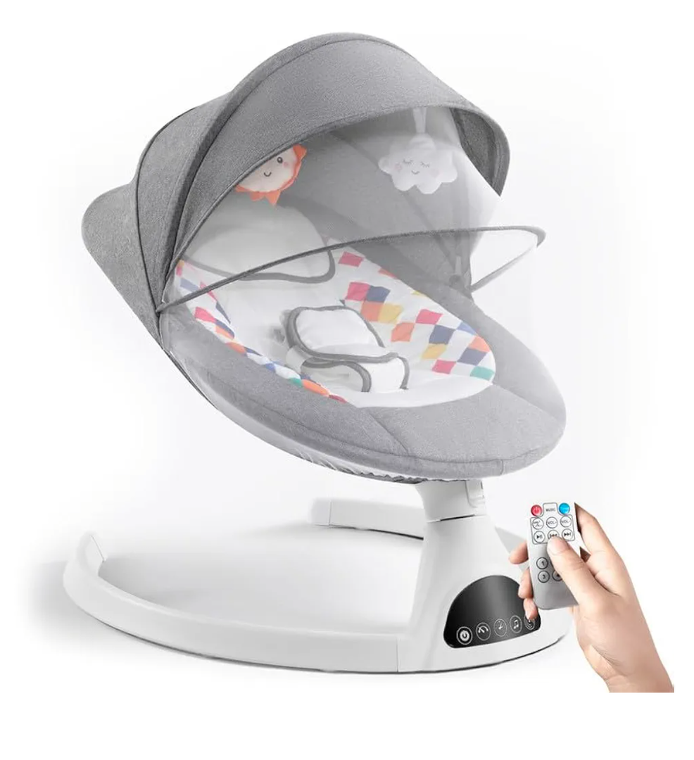 Jaoul Baby Swing for Infants - Electric Portable Newborn Bouncer With Bluetooth Touch Screen/Remote Control, Timing Function, 5 Speeds, 3 Seat Positions for Boys and Girls (Gray)