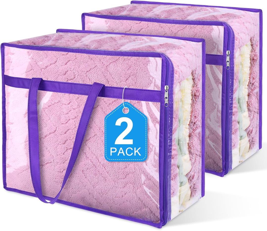 2 Pack Clear Zippered Storage Bags for Clothes, Closet Organizers and Storage Vinyl Bag for Bedding, Linen, Blankets, Comforters, Clothes & Toys Multi Purpose & Space Saver PVC Organizers (Purple)