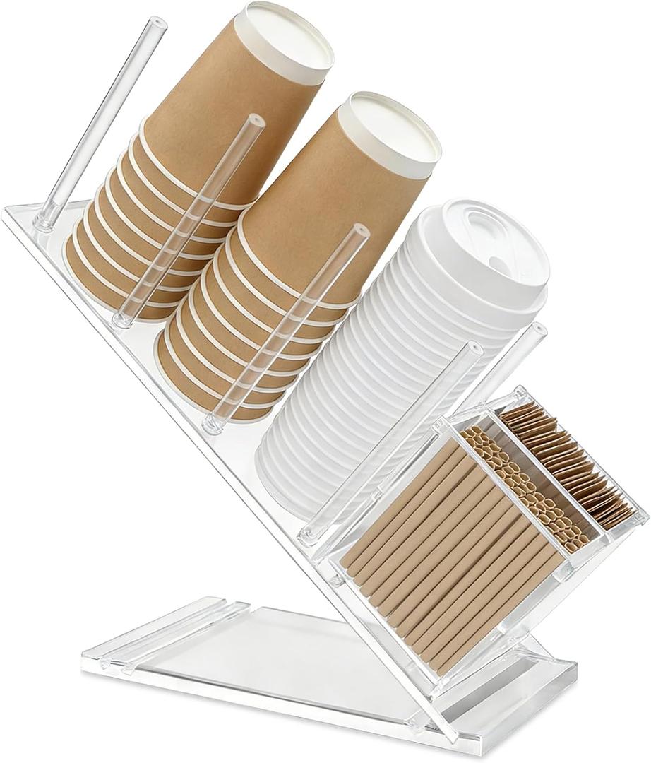 Acrylic Coffee Cup & Lid Holder with Straw Organizer, 5-Compartment Disposable Cup Dispenser, Clear Countertop Storage Rack for Coffee Bar, Office, Kitchen, Bar, Restaurant, Lounge & Parties