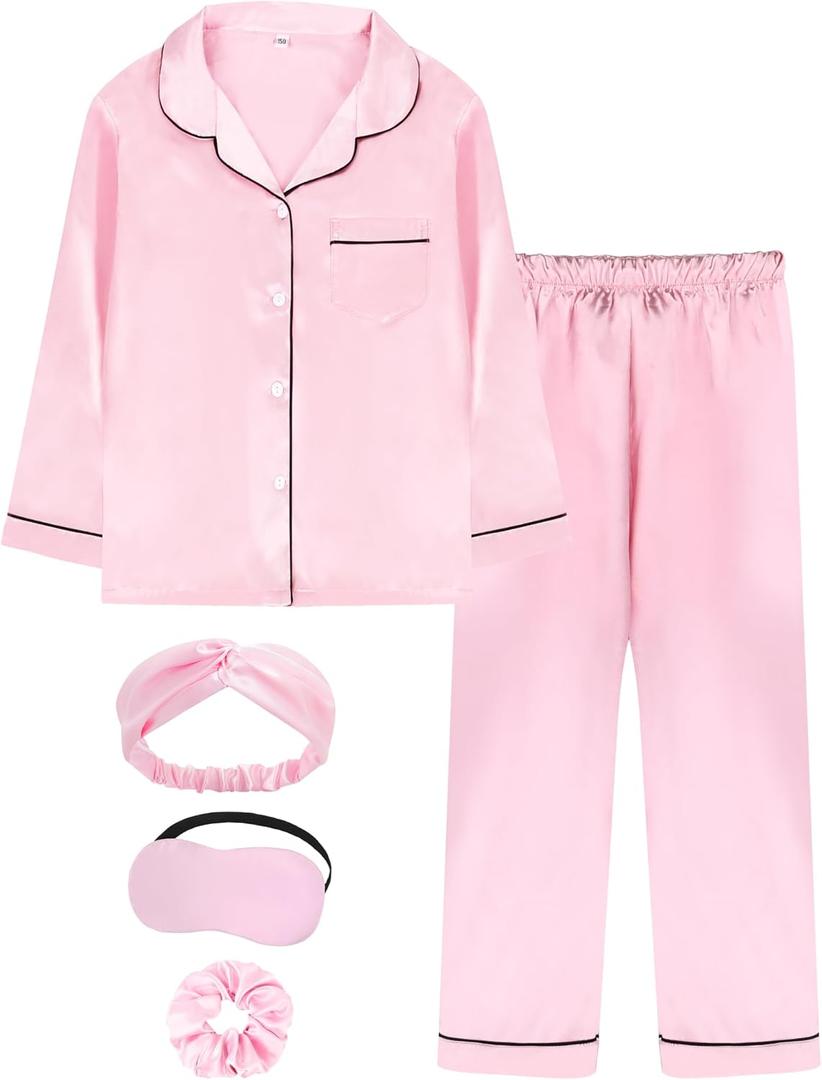 EPLAZA Kids Satin Pajamas Sets Girls Boys Button-Down Silky Pajamas Sleepwear with Hairband Eye Mask Hair Tie (11-12 Years, Pink)