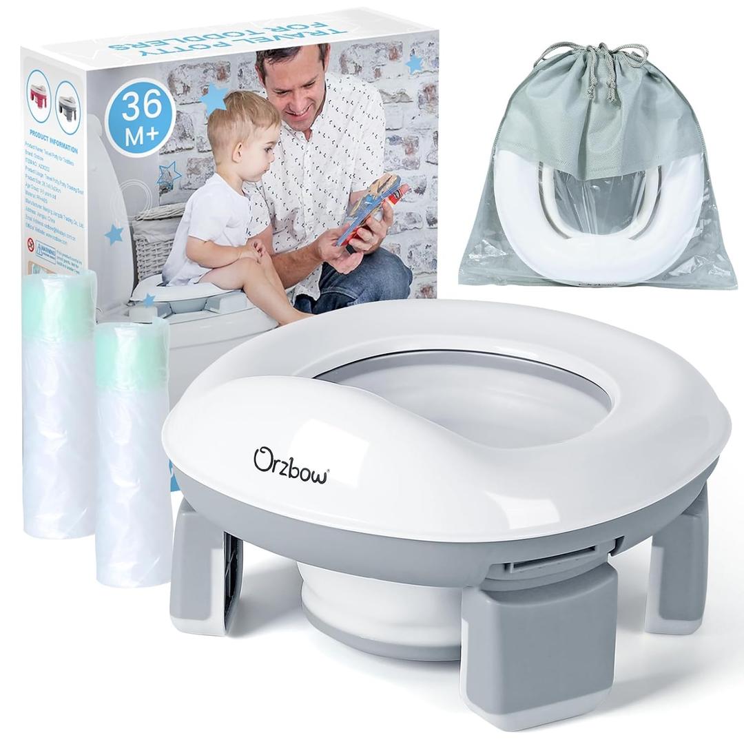 Orzbow Portable Potty Training Toilet, Travel Potty Seat for Toddler Boys Girls with Splash Guard, Potty Training Essentials, Foldable, Includes Free Travel Bag and 40 Liners, Indoor/Outdoor Use, Grey (Gray)