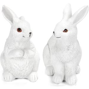 Easter Decorations Bunny Figurines, Set of 2 Realistic Textured Resin Rabbit Statues Spring Home Decor for Mantel Shelf Tiered Tray, Farmhouse Table Centerpiece Indoor Easter Spring Decorations