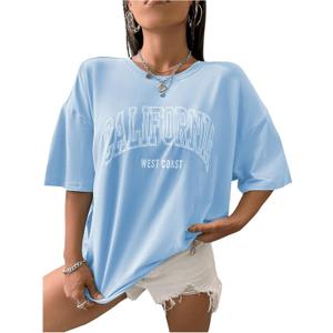 SOLY HUX Women's Graphic Tees Letter Print Half Sleeve Drop Shoulder Oversized T Shirt Loose Casual Tops (Blue, L)