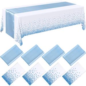 Breling 8 Pack Winter Baby Blue and White Disposable Plastic Tablecloths and Satin Table Runner Set, 54 x 108 Inch Tablecloth, 12 x 108 Inch Table Runners for Wedding Birthday Baby Shower New Year