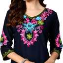 Women's Embroidered Kashmiri Tunic Top, Short Kurti on Jeans, V-Neck, 3/4 Sleeve, Floral Design (Blue, XXL)