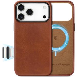 SHIELDON Genuine Leather Case for iPhone 17 Pro Max 6.9" 2025 with [Updated Camera Button], Compatible with Magsafe, Magnetic Wireless Charging, Shockproof Protective Cover, Metal Button - Retro Brown