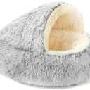 Round Plush Hooded Cat Bed - Cozy Fluffy Cave for Indoor Cats & Small Dogs, Anti-Anxiety Doughnut Design, Waterproof & Washable Base