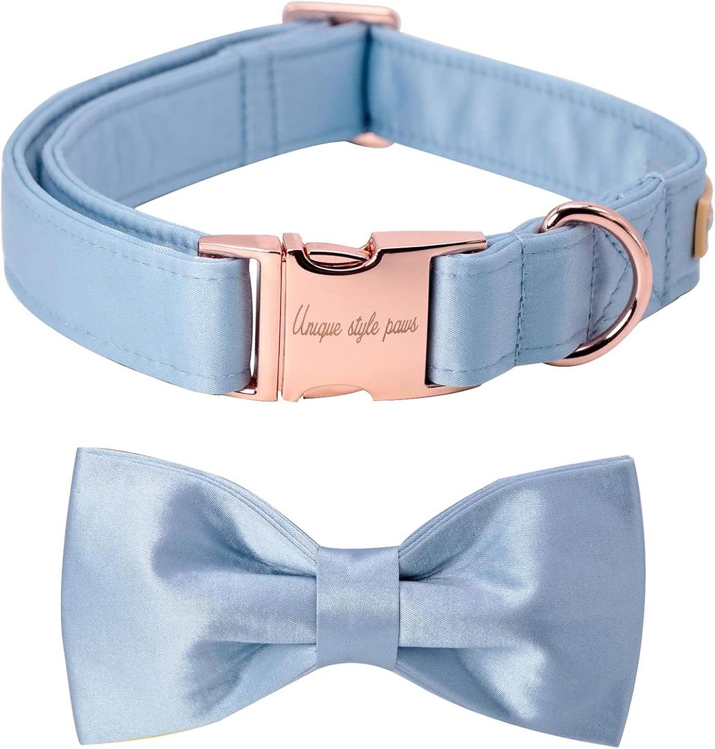 Unique style paws Dog Collar, Blue Silk Dog Collar with Bow, Soft Bowtie Adjustable Pet Collar Gift for Female or Male Small Dogs