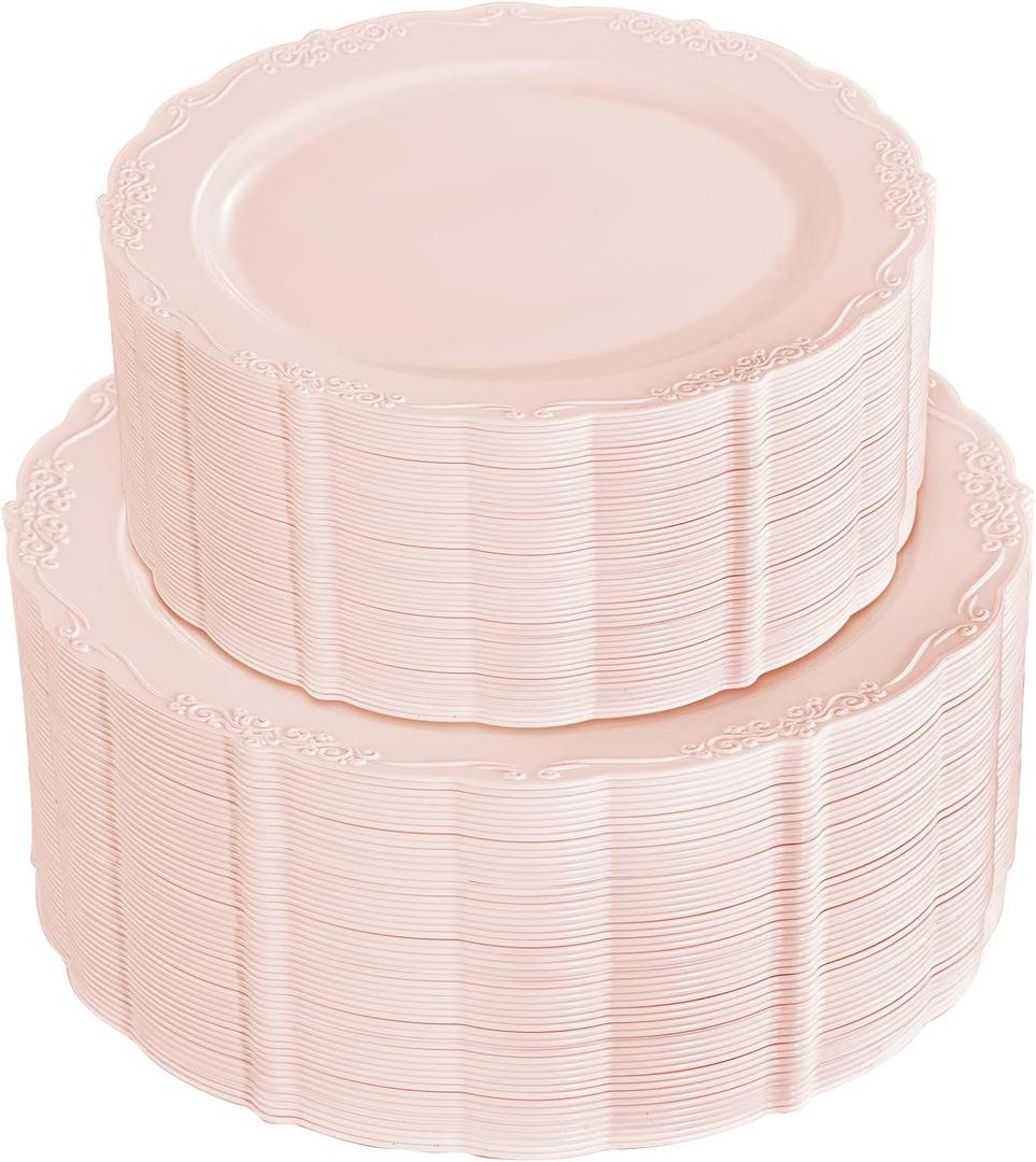 U-QE 100PCS Mauve Pink Plastic Plates - Plastic Party Plates Disposable Heavy Duty - Pink Disposable Plates for Party Including 50PCS 10.25'' Dinner & 50PCS 7.5'' Dessert
