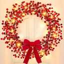 Timer & 8 Modes Prelit Lighted Christmas Valentines Wreaths for Front Door,Red Berry Wreath with 20 Warm White Lights Bowknot Waterproof Battery Operated Xmas Wreath for Window Door Outdoor 20 Inch