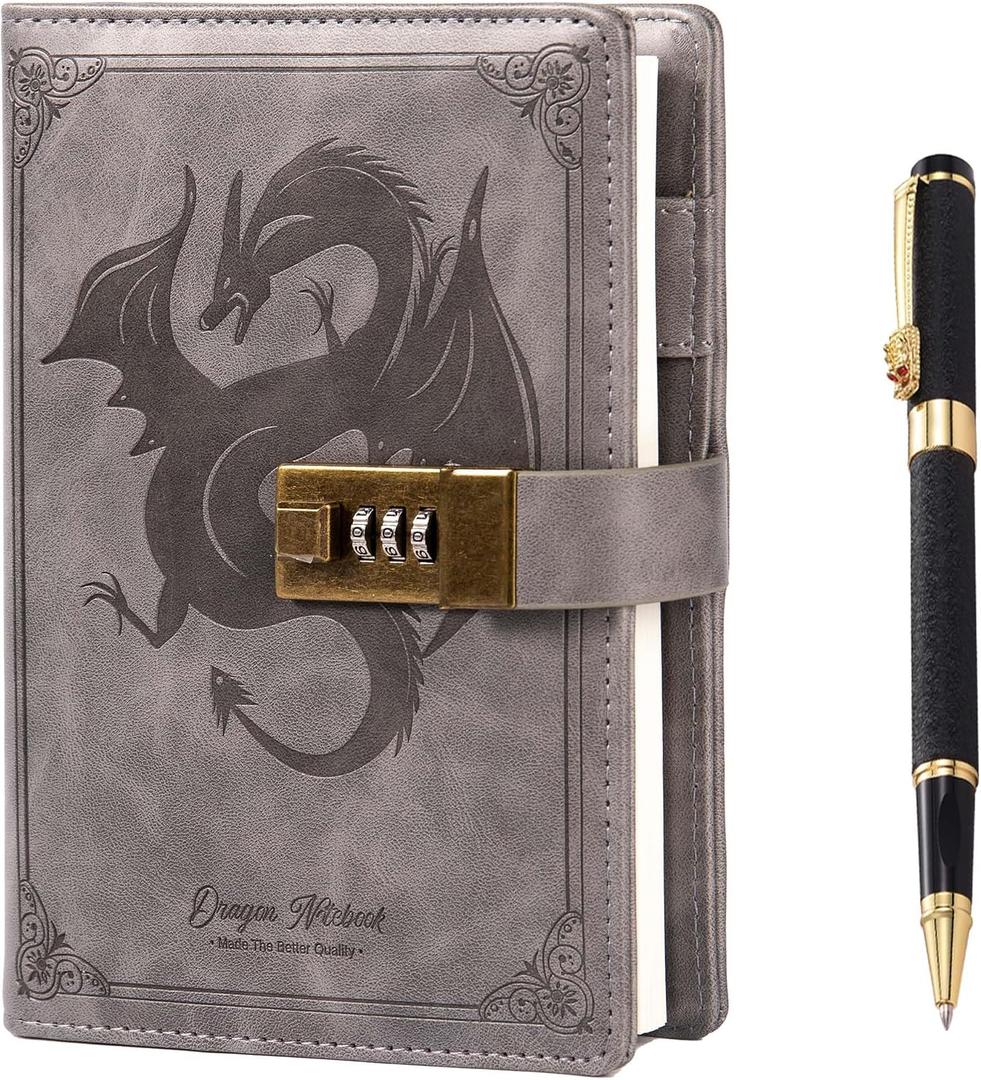 TIEFOSSI Dragon Leather Journal with Pen, Diary with Combination Lock, Lined/Blank Paper Notebook, B6 Writing Journals Stationery (Gray)