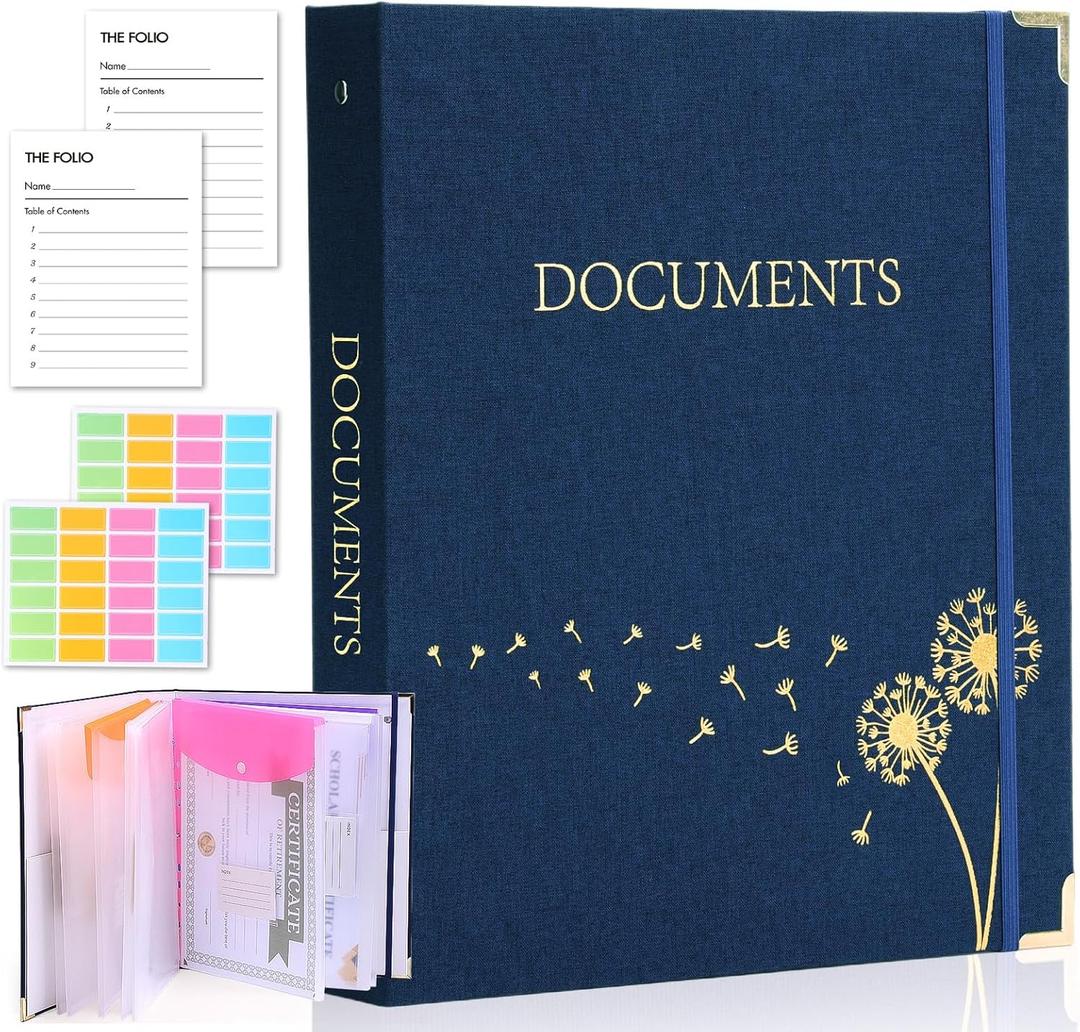 XKDOUS Document Organizer Linen Folio Folders with 9 Pockets, 3-Ring Accordion Storage Binders Expanding File Folder for Important Papers, End of Life Planner Book, in Case If I Die File Folder (Navy)