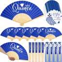 Threehoney 50 Sets Quinceanera Favors for Guests Bamboo Folding Paper Fans with Thank You Tags and Gift Bag Handheld Fans 15 Birthday Party Favors Decorations (Blue)