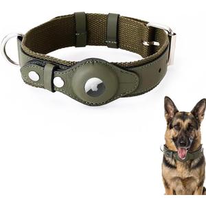 AirTag Dog Collar Soft Leather Webbing Dog Collar for AirTag Provides Double Protection for Small Medium and Large Dogs(Green,L)