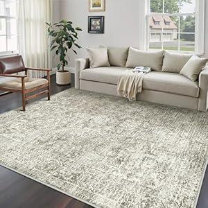 PureCozy 5x7 Area Rug Washable Vintage Neutral Living Room Carpet Large Indoor Non Slip Taupe Bedroom Distressed Low Pile Retro Accent Throw Rug for Dining Room