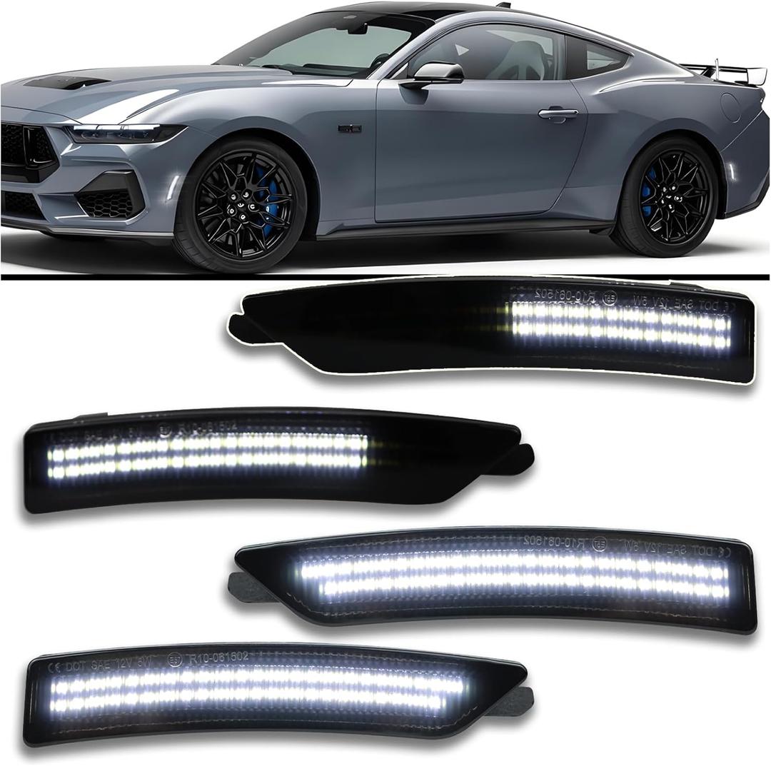 Smoked LED Side Marker Light Kit for 2024-2025 Ford Mustang (EcoBoost/GT/Dark Horse) - Dynamic Sequential Turn Signals | White Front & Rear Lighting | 4-Piece Direct Fit Replacement