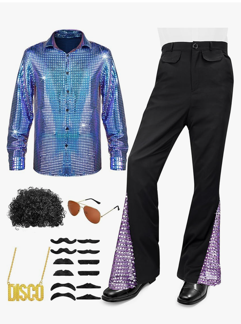 Mens 70s Disco Outfit Costume Bell Bottom Pants Shirts Wigs Necklace Mustache Sunglasses