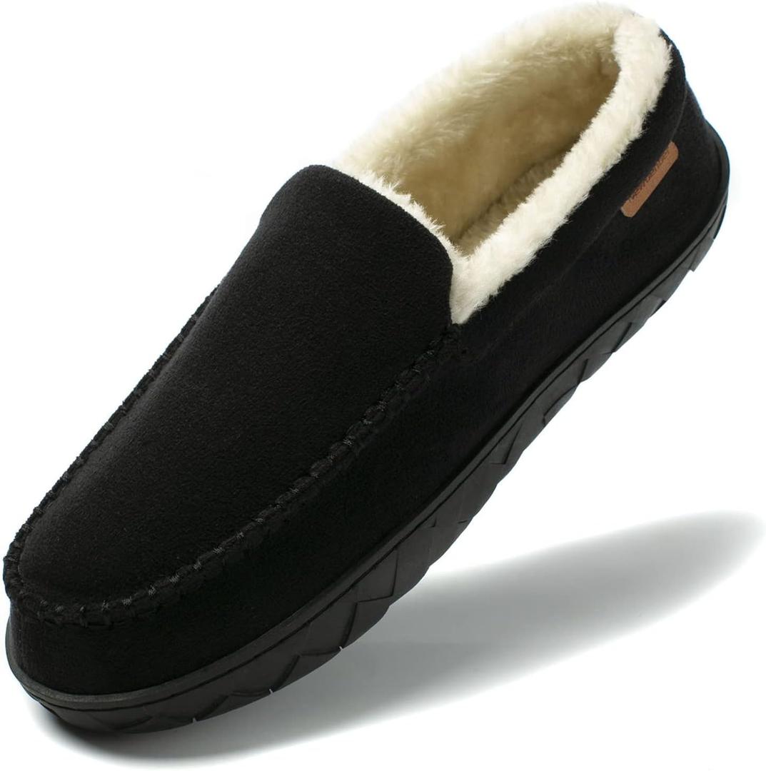 NewDenBer Men's Moccasin Slippers Warm Memory Foam Suede Soft Plush Lined Slip on Indoor Outdoor House Shoes (Black)