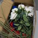 Hananona 50 Pcs Artificial Roses in Bulk, Fake Velvet Silk Roses Realistic Roses for 4th of July Wedding Centerpieces Independence Day Patriotic Flower Arrangement Home Decor (50, Red, White, Blue)