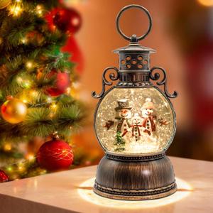 Christmas Snow Globes, Christmas Snowman Snow Globes Lantern with 8 Songs, 6H Timer Battery & USB Powered Glitter Music Box for Christmas Table Decorations Home Decor