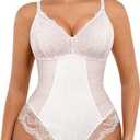 FeelinGirl Shapewear Bodysuits for Women Lace Shapewear Tummy Control V-Neck Sleeveless Bodysuit Tops Jumpsuit (Large, White)