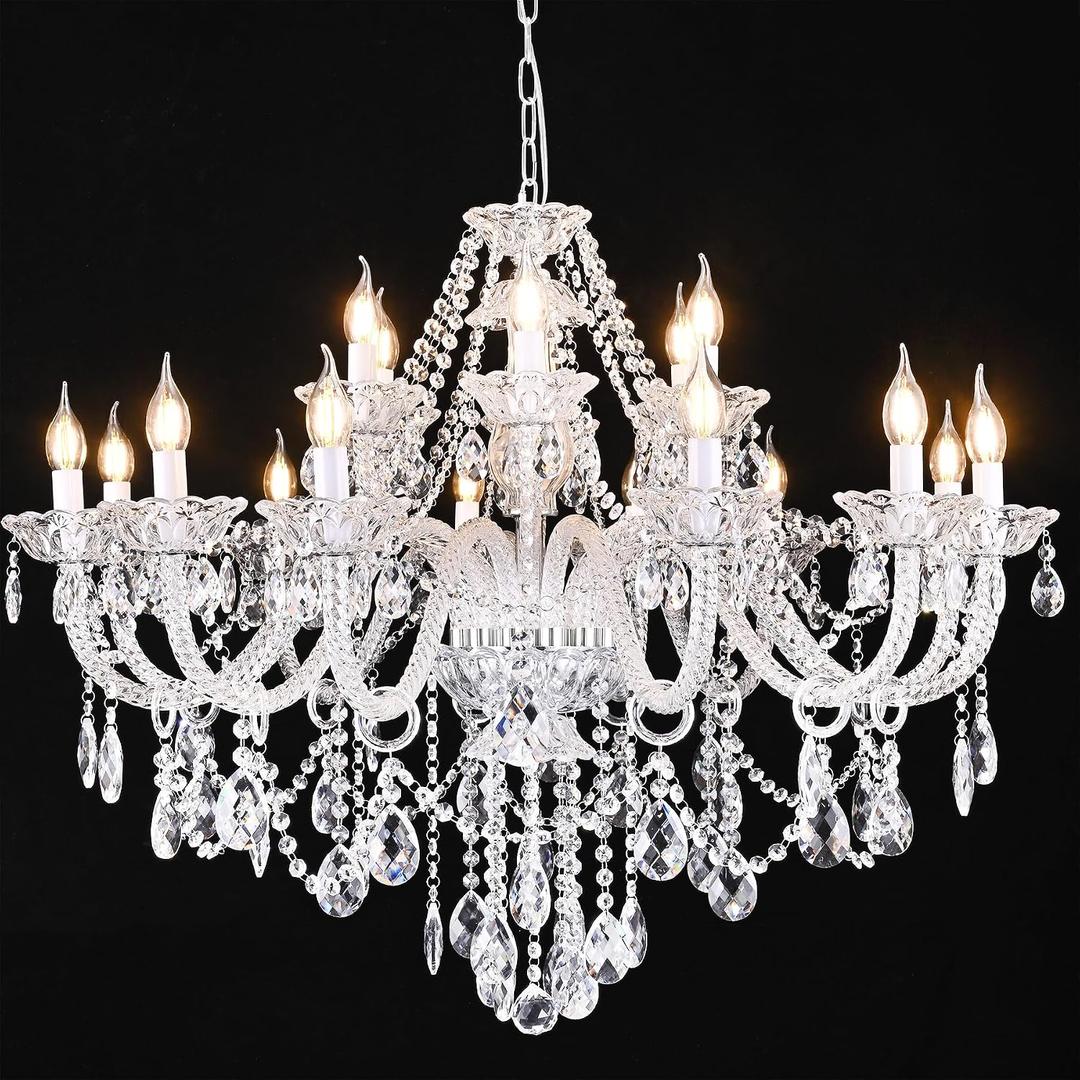 18-Light Double Layer Crystal Chandelier Transparent Modern Ceiling Pendant Light with K9 Crystal for Living Room Dining Room Bedroom Kitchen (Clear 18)