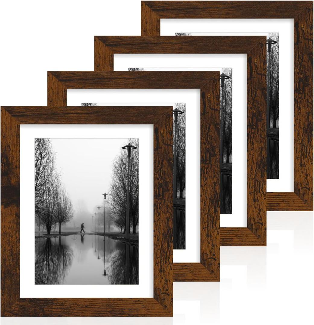 iRahmen 7x10 Picture Frame with Mat 5.5x8.5 - High Definition Real Glass Wooden Photo Frames for Tabletop Display and Wall Mounting (Dark Brown, Set of 4)