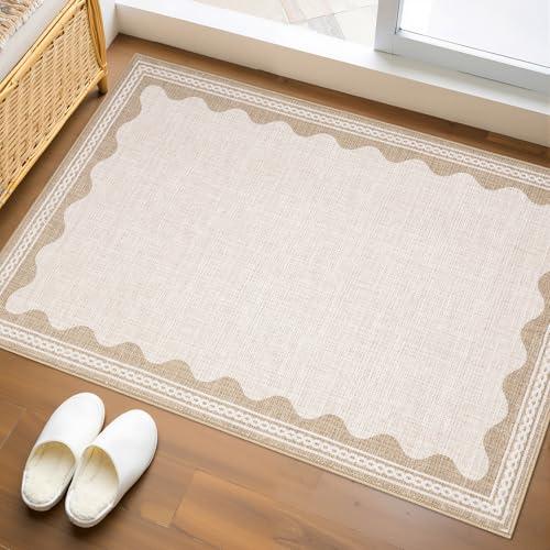 GarveeHome Scalloped Door Mat Indoor Rugs for Entryway Small Rug 2x3 Washable Non-Slip Solid Beige Modern Soft Low-Pile Throw Carpet for Bedroom Kitchen Bathroom Entrance