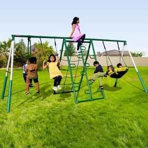 Sportspower Swing Climb and Glide Metal Swing Set 6 in 1: Heavy-Duty A-Frame, Belt Swing, Glider, Saucer, Climbing & Net Ladders (Green)