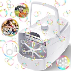 Bubble Machine, Automatic 18000+ Per Minute Big Bubbles Blower Maker for Kids Toddlers with 2 Speeds,6 Wands, Operated by Plug-in or Batteries for Outdoor/Indoor Birthday Parties, Wedding (White)