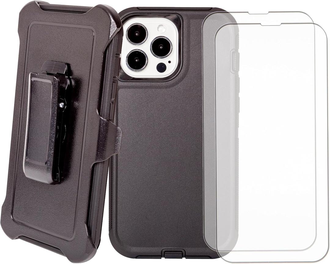 WallSkiN Case for iPhone 13 Pro (6.1") with 2 Screen Protectors | Heavy Duty Full Body Military Grade Drop Protection Carrying Cover Holder | Holster for Men Belt with Clip Stand  Black
