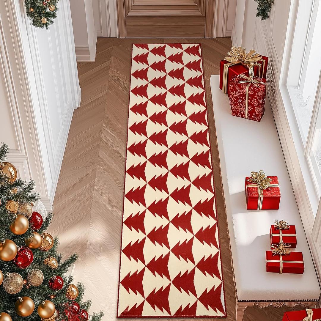 COLLACT Christmas Runner Rug 2x7 Red Hallway Red on Cream Xmas Tree Runner Kitchen Washable Rug Non Slip Holiday Decorative Floor Carpet Soft for Bedroom Bathroom Laundry Living Room